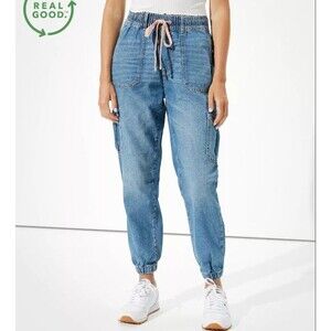 American Eagle Jeans Cargo Joggers Women M Blue Denim Drawstring Utility Tapered